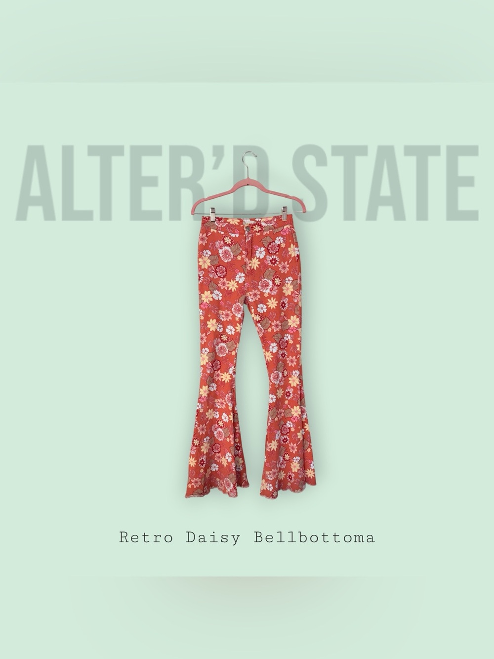 Altar’d State Daisy Floral Flare Bell Bottom Jeans Rust Orange Small